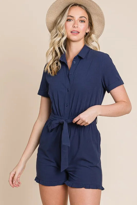 Collared Button Down Romper with Tie Belt for Women