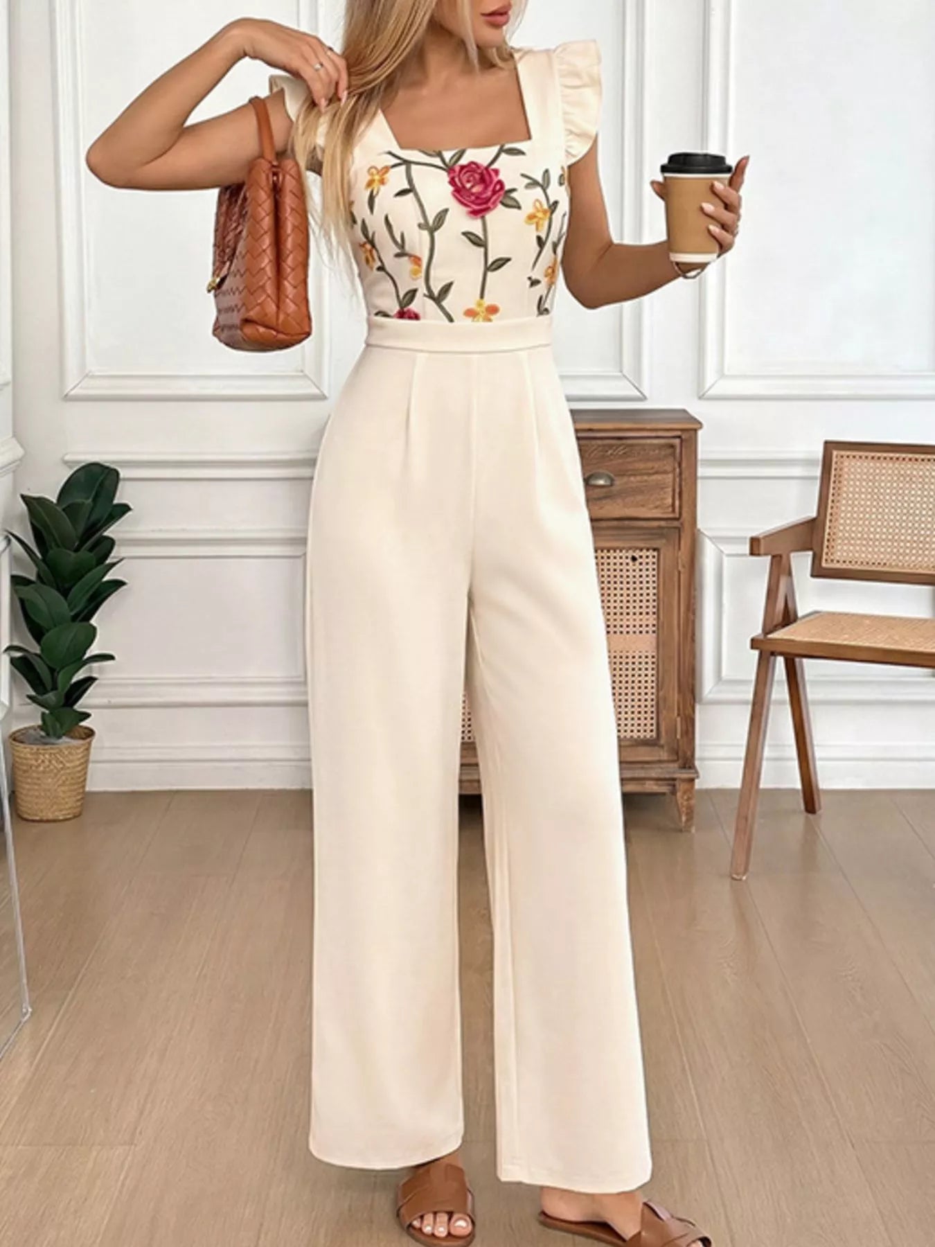Floral Embroidered Ruffle Trim Jumpsuit in Beige for Women