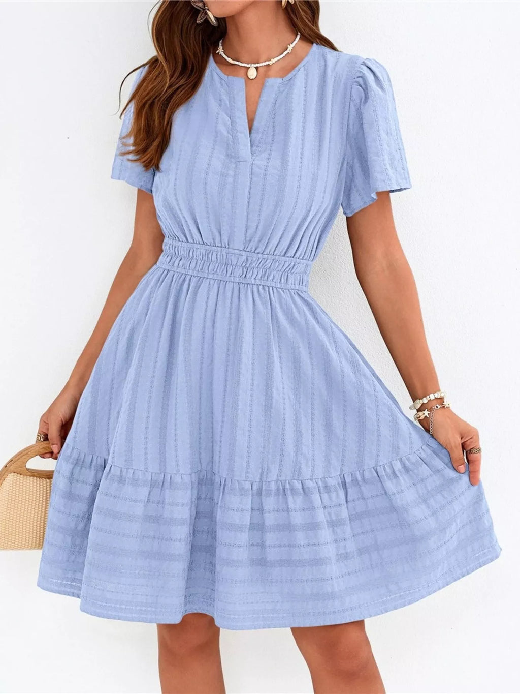 Short Sleeve Smocked Waist Tiered Dress in Red for Women