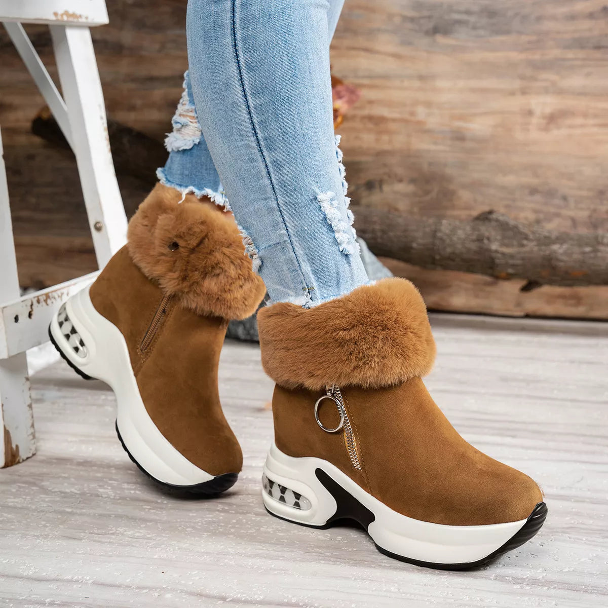 Fuzzy Side Zipper Platform Ankle Boots in Leopard for Women