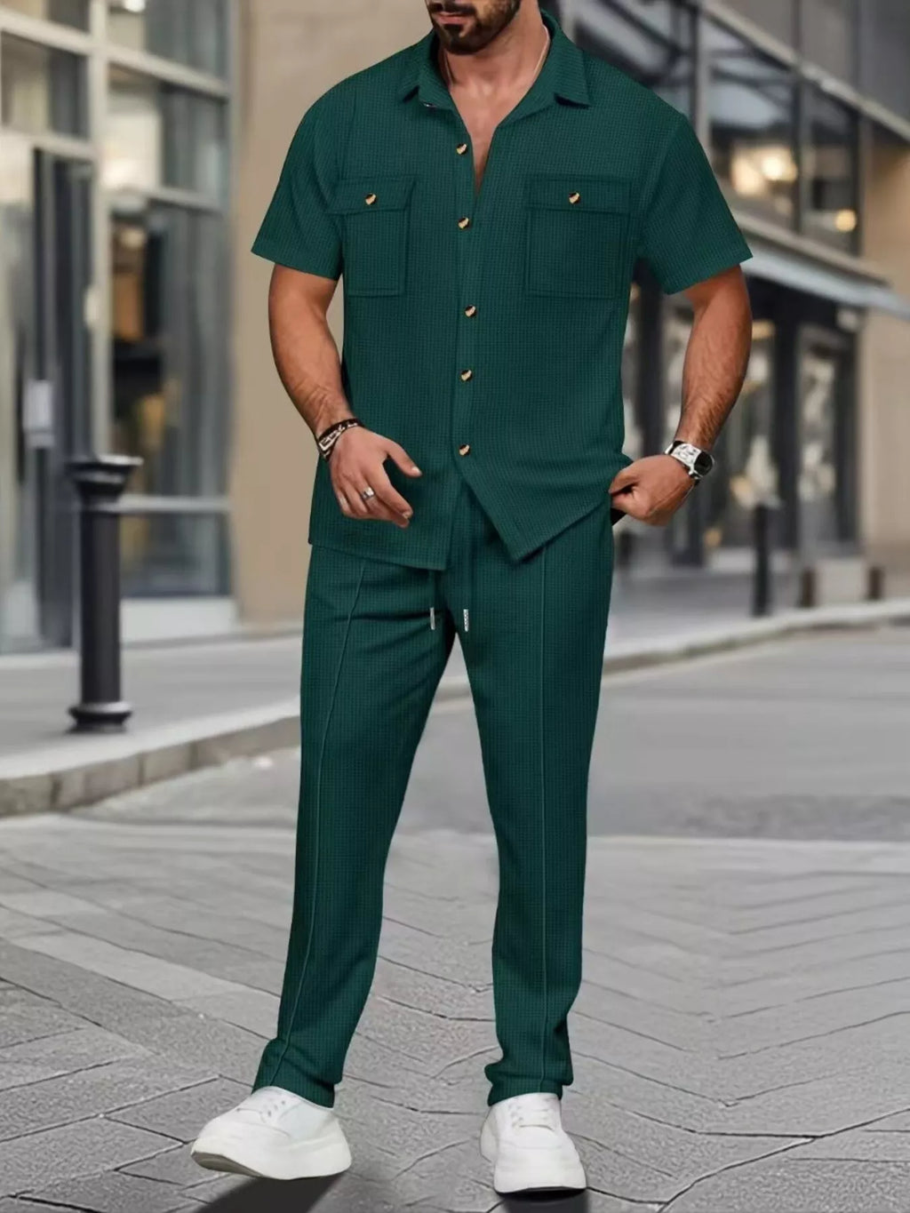 Casual Short Sleeve Shirt and Pants Set Plus Size in White for Men