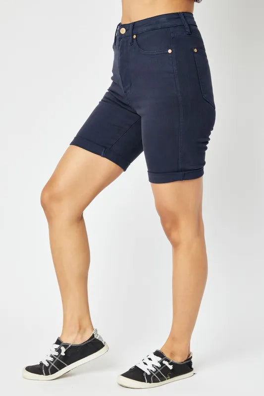 Plus Size High Waist Tummy Control Bermuda Shorts in Dark Blue for Women