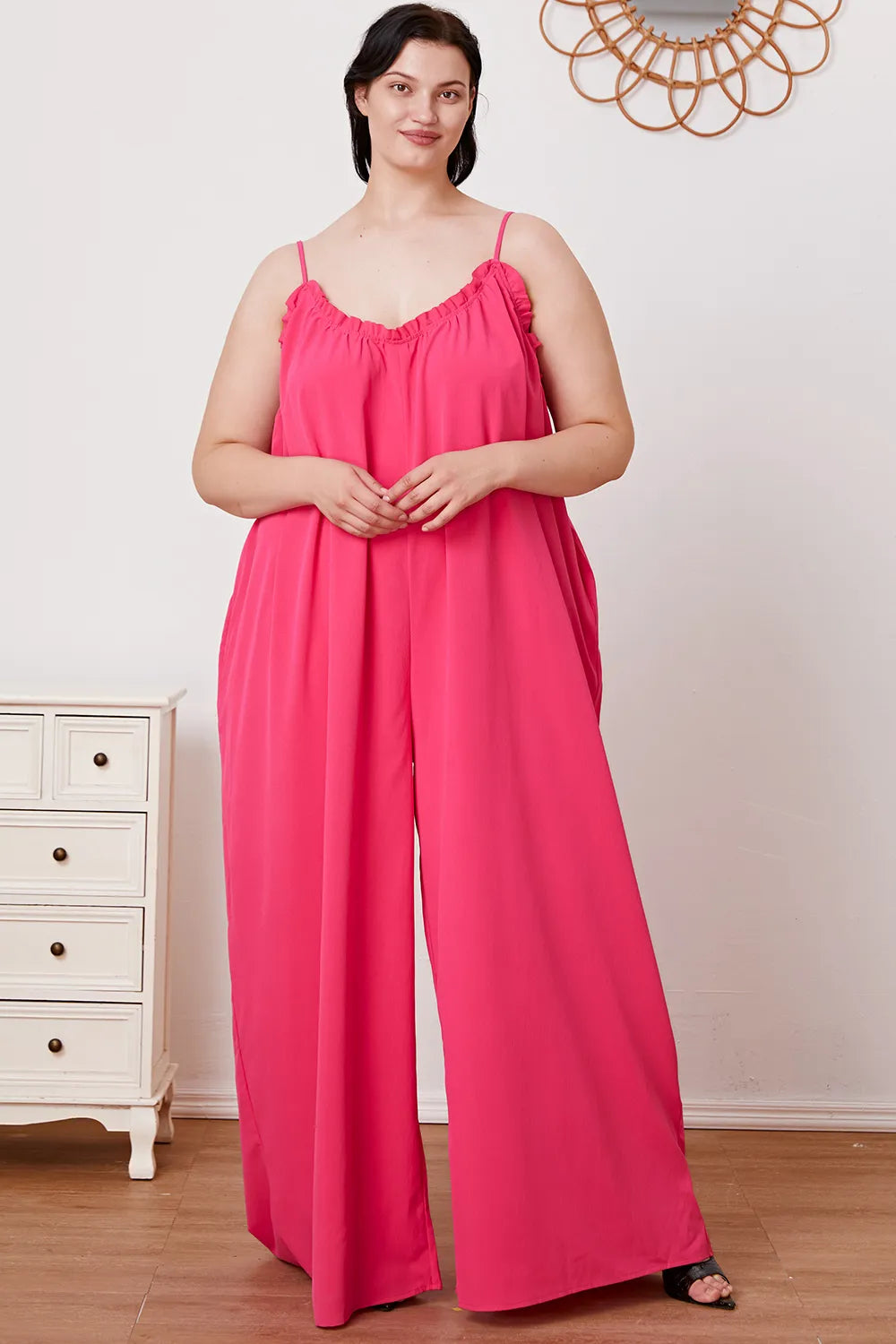 Plus Size Ruffle Trim Tie Back Cami Jumpsuit with Pockets for Women