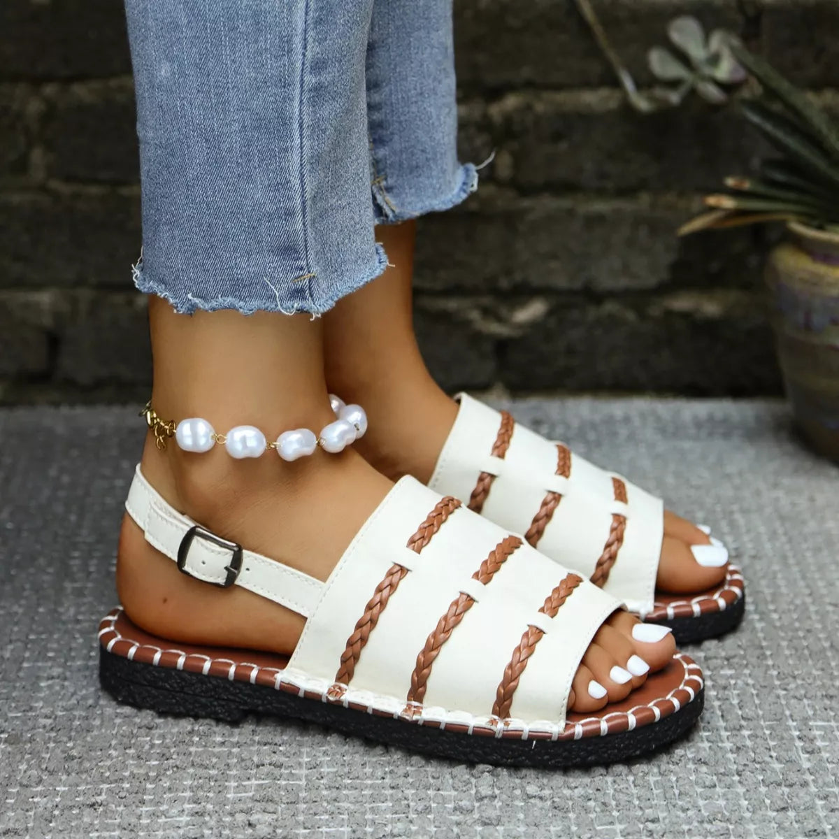Open Toe Buckle Sandals in White in Army Green for Women