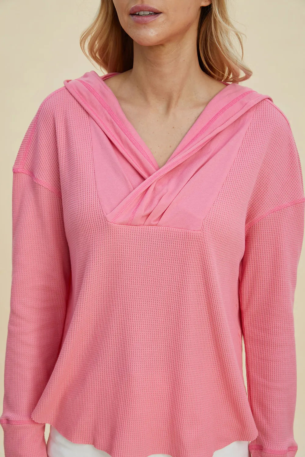 Plus Size High-Low Dropped Shoulder Long Sleeve Hoodie in Pink for Women