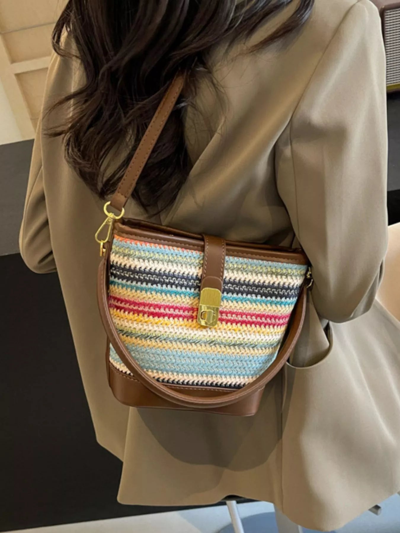 Striped Bucket Crossbody Bag in Brown for Women