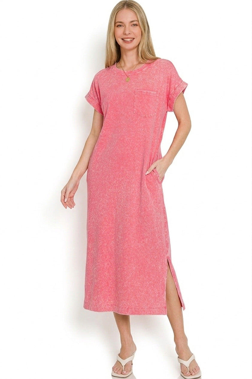 Washed Exposed Seam Short Sleeve T-Shirt Dress in Fuchsia for Women