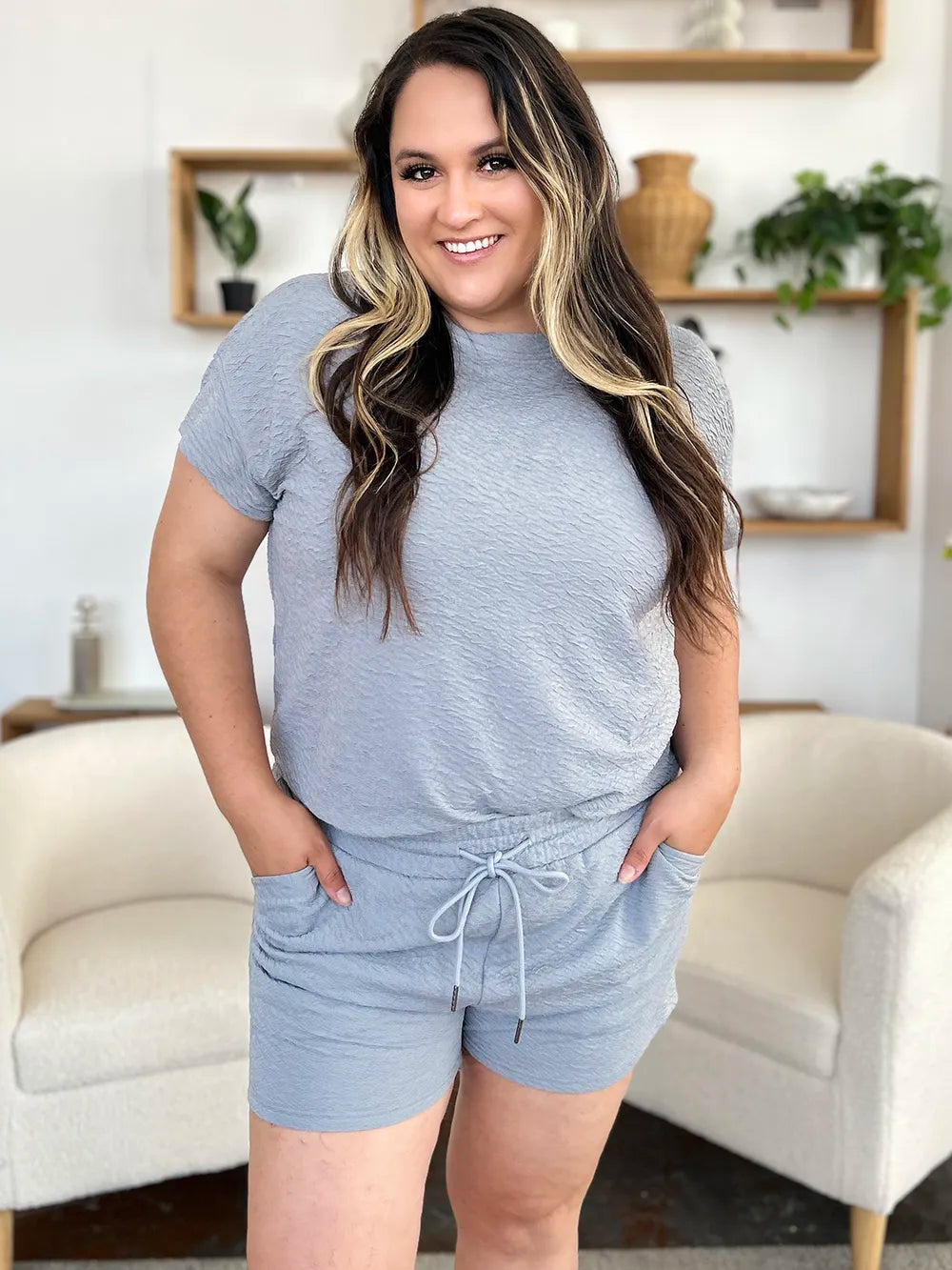 Plus Size Texture Short Sleeve T-Shirt and Drawstring Shorts Set in Cloudy Blue in Chestnut for Women