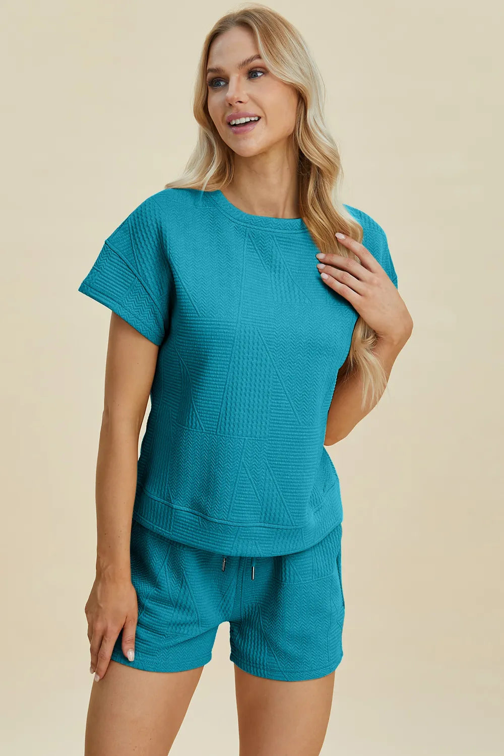 Plus Size Texture Short Sleeve Top and Shorts Set for Women