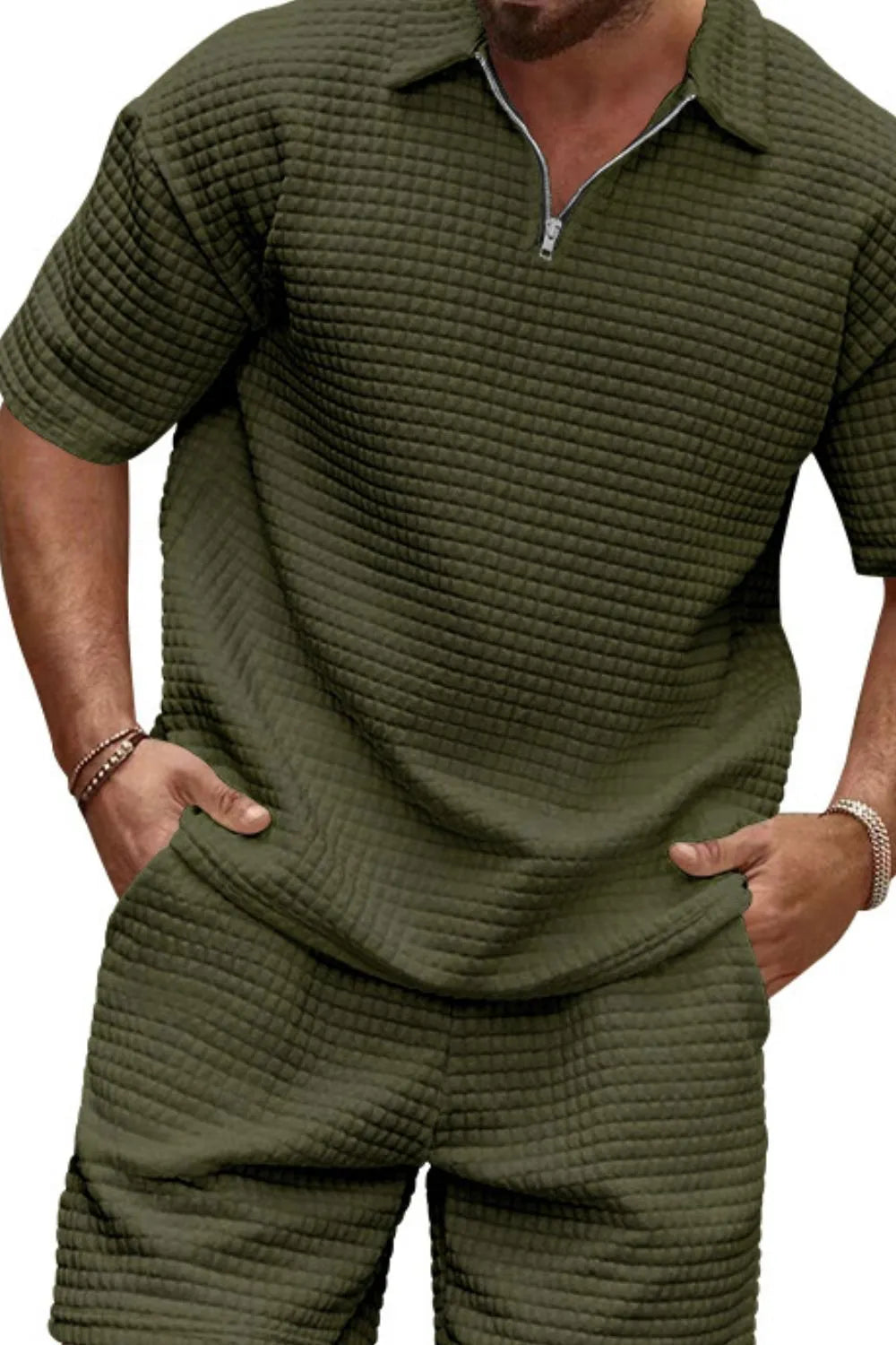 Zip Collar Short Sleeve Top and Shorts Set Plus Size in Khaki for Men
