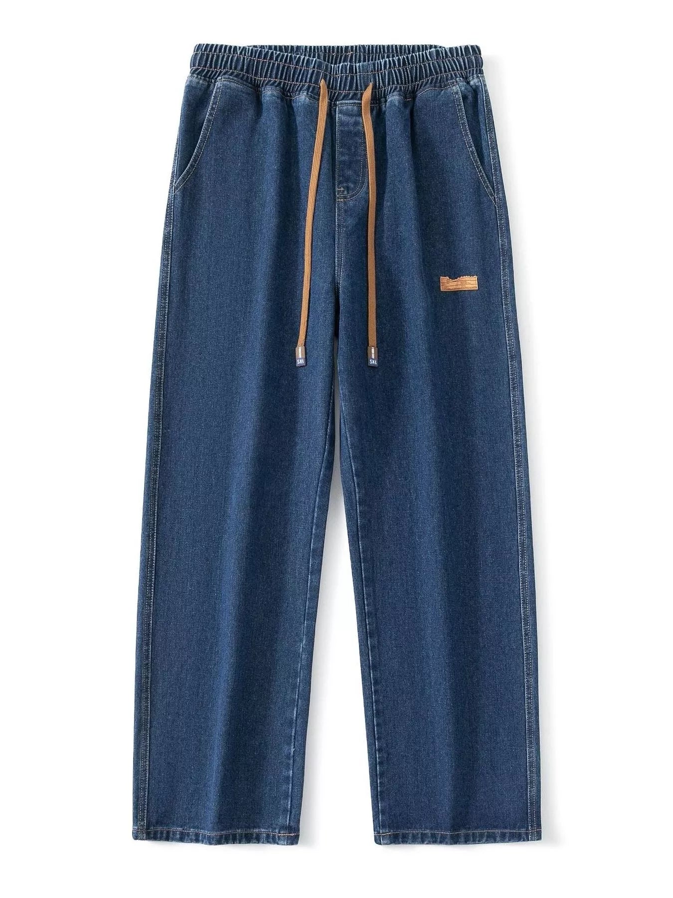 Plus Size Wide Leg Drawstring Jeans in Blue and Gray for Men