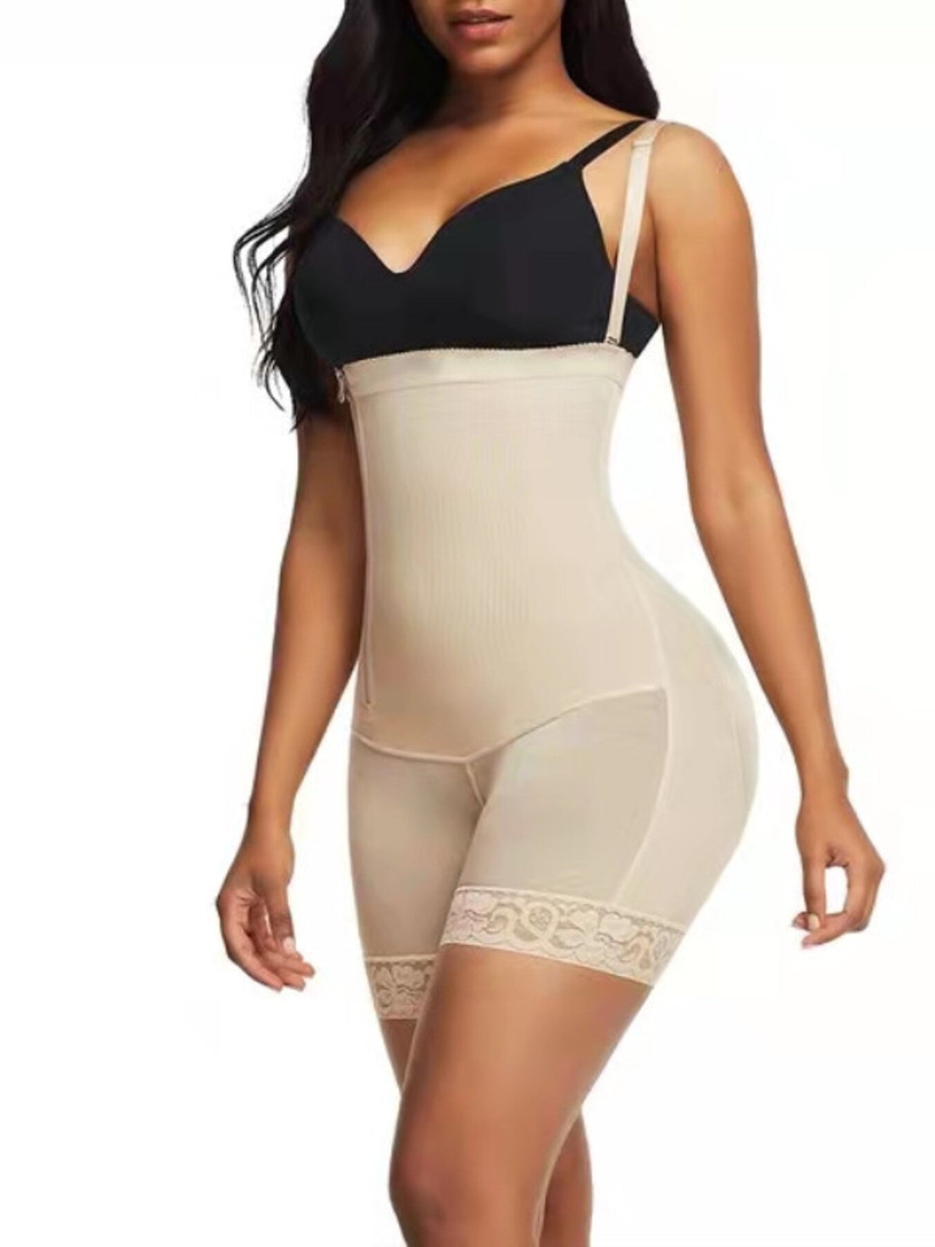 Lace Detail Tummy Control Shaping Romper Plus Size in Apricot for Women
