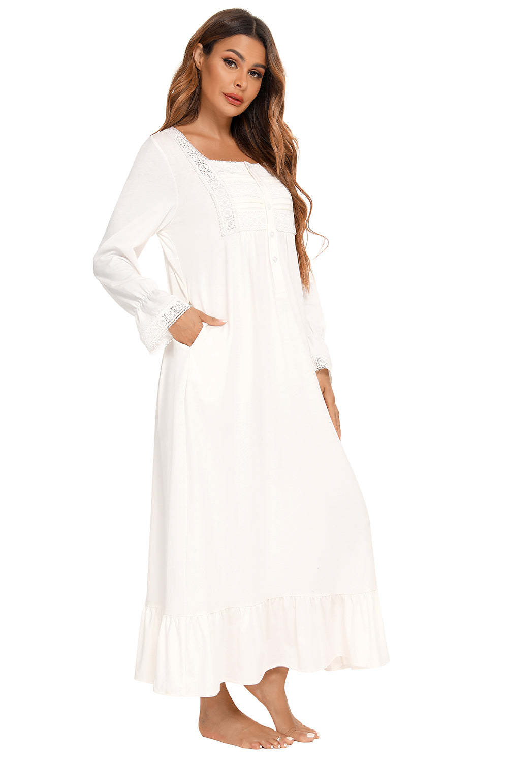 Lace Detail Square Neck Flounce Sleeve Night Dress in Dusty Pink for Women