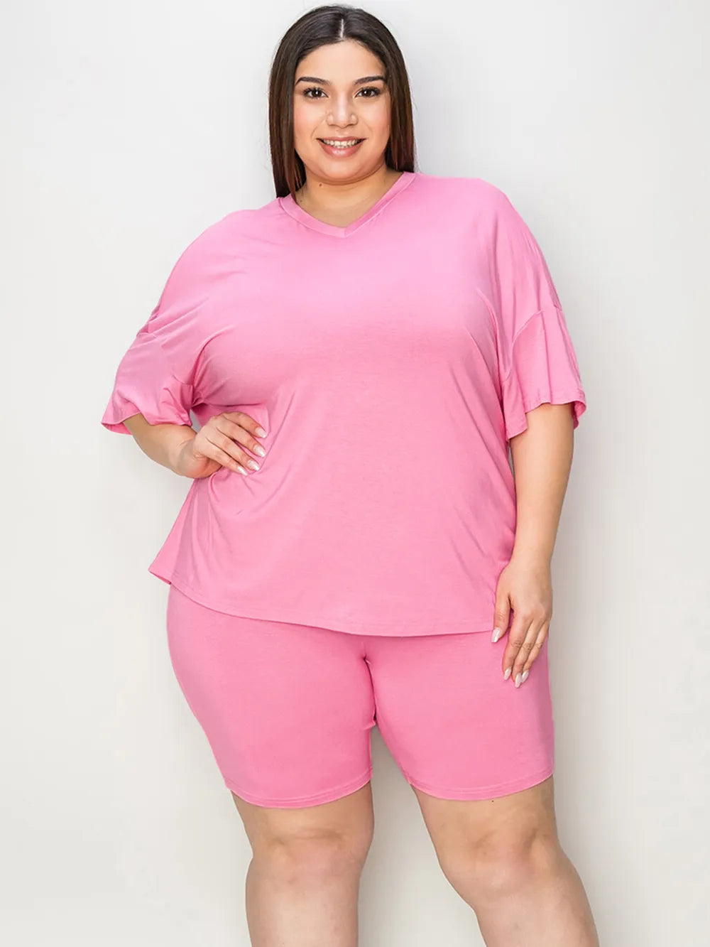 Plus Size V-Neck Drop Shoulder T-Shirt and Shorts Set in Pink for Women