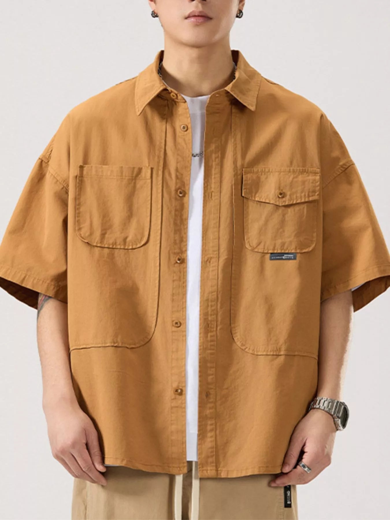 Button Up Half Sleeve Shirt Plus Size in Light Apricot in Black for Men