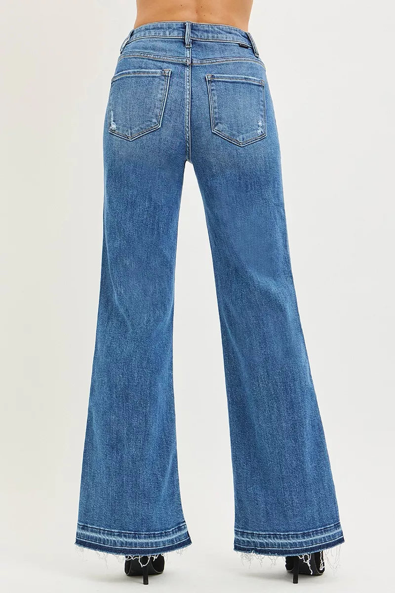 High Rise Wide Leg Jeans with Released Hem in Medium for Women