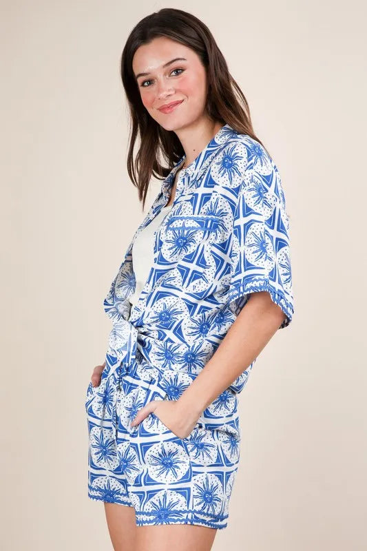 Tropical Printed Shirt Top and Shorts Set Plus Size in Blue for Women