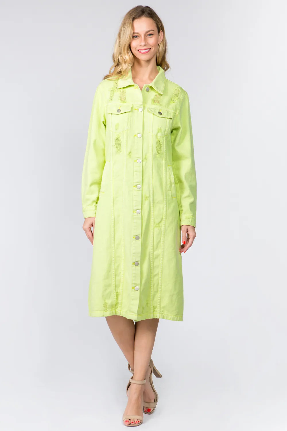 Button Up Distressed Denim Dress for Women