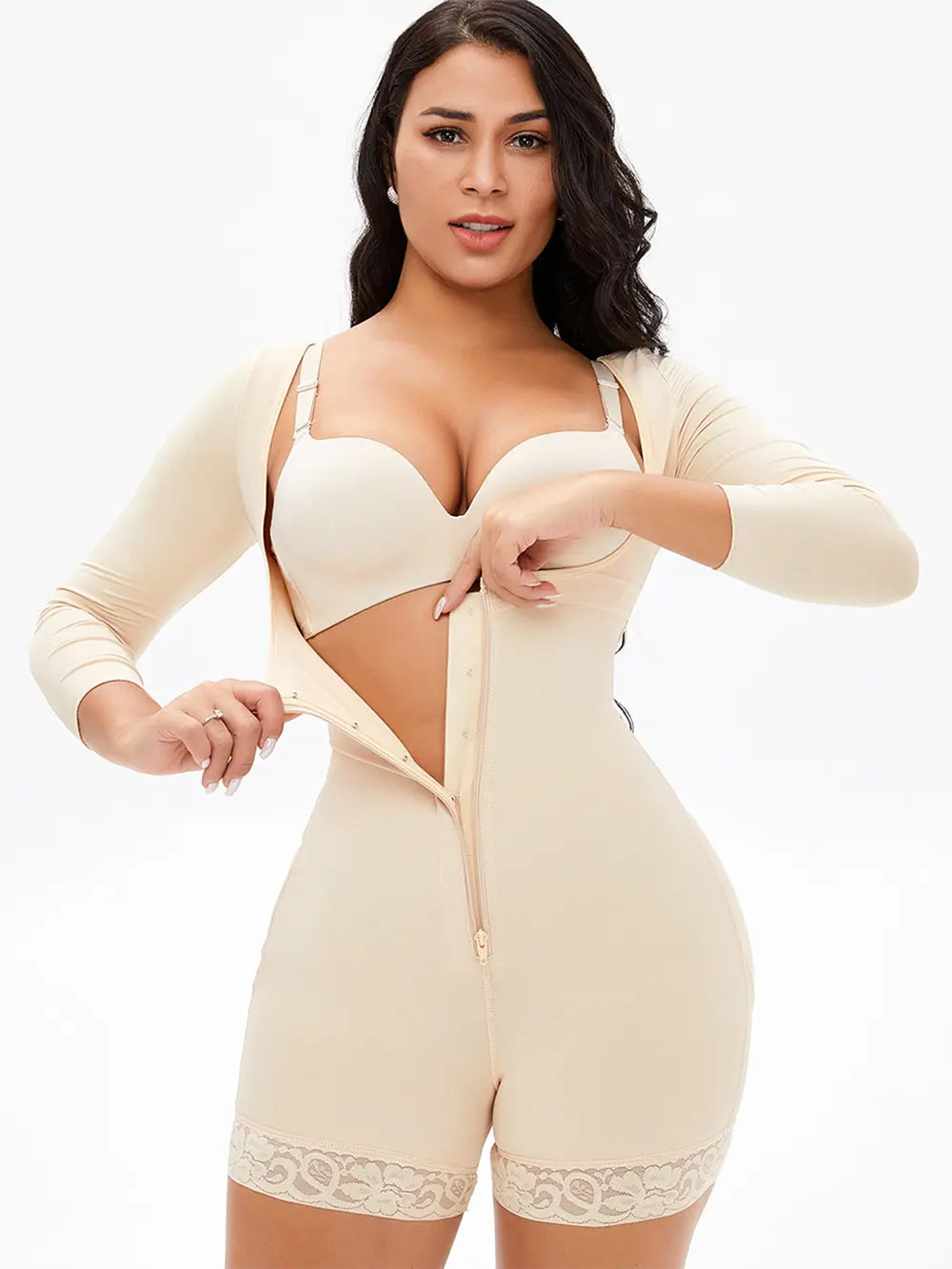 Plus Size Zip Up Lace Detail Long Sleeve Shapewear in Black for Women