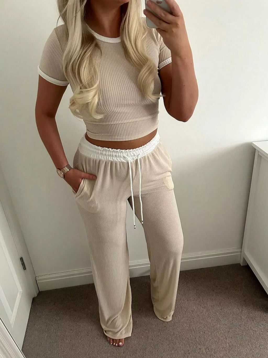 Contrast Trim Top and Pants Set in Khaki for Women