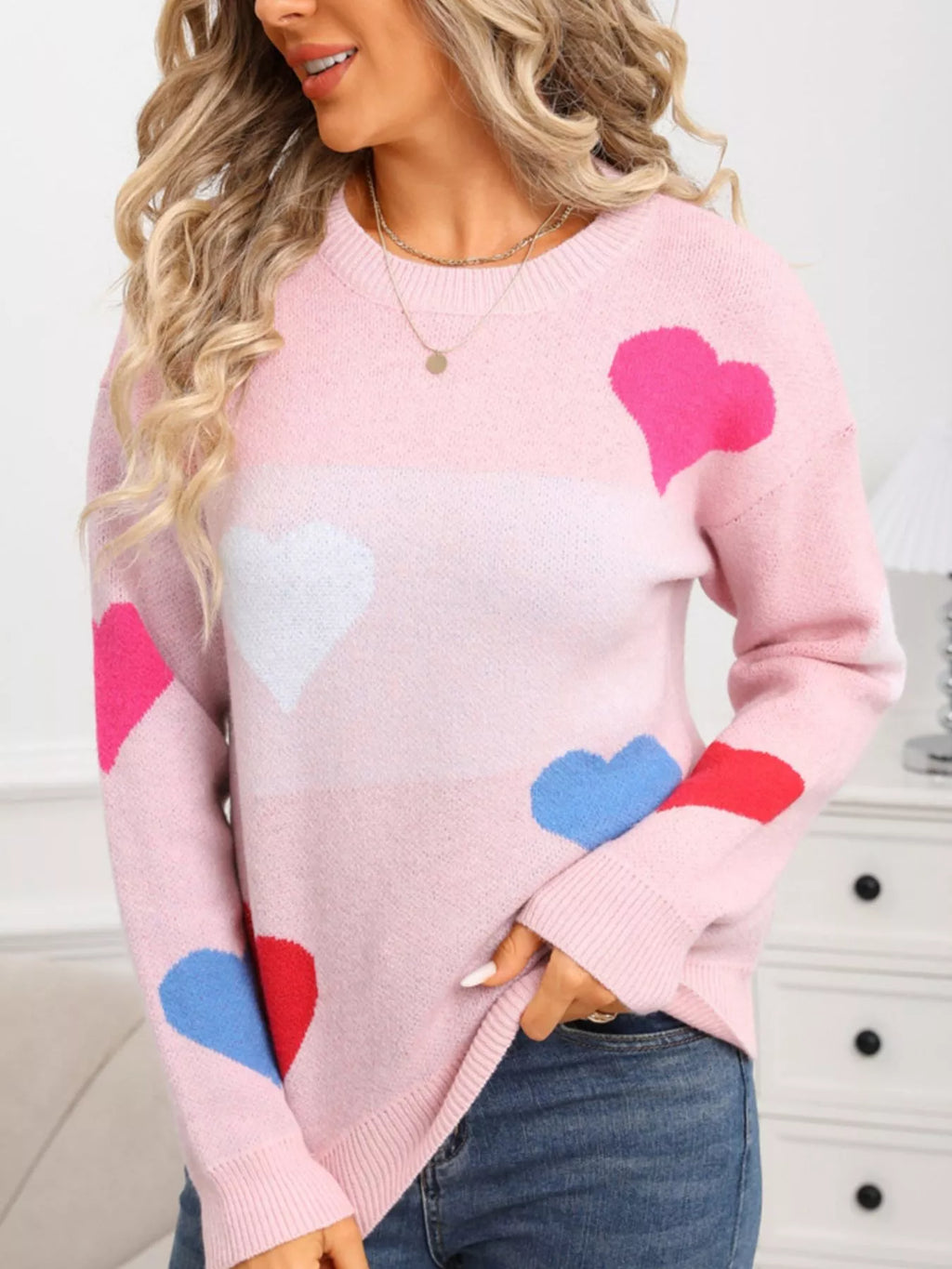 Valentines Day Heart Round Neck Dropped Shoulder Sweater in Pink in Gray White for Women