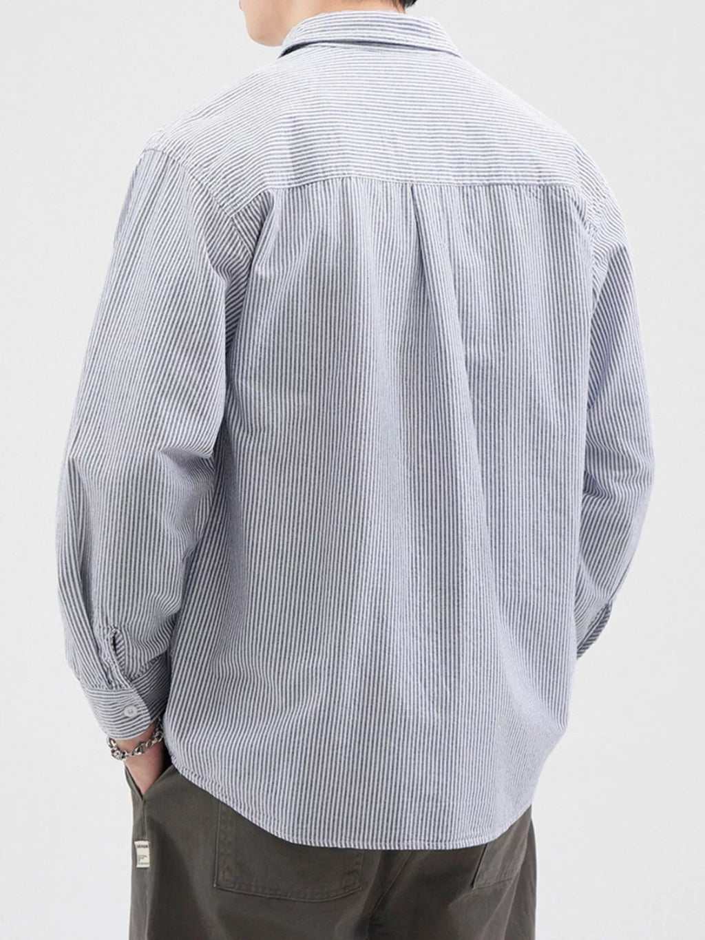Plus Size Striped Button Up Long Sleeve Shirt in Light Blue for Men