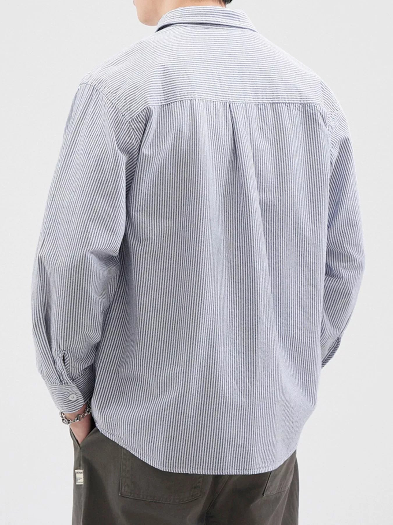 Plus Size Striped Button Up Long Sleeve Shirt in Light Blue for Men