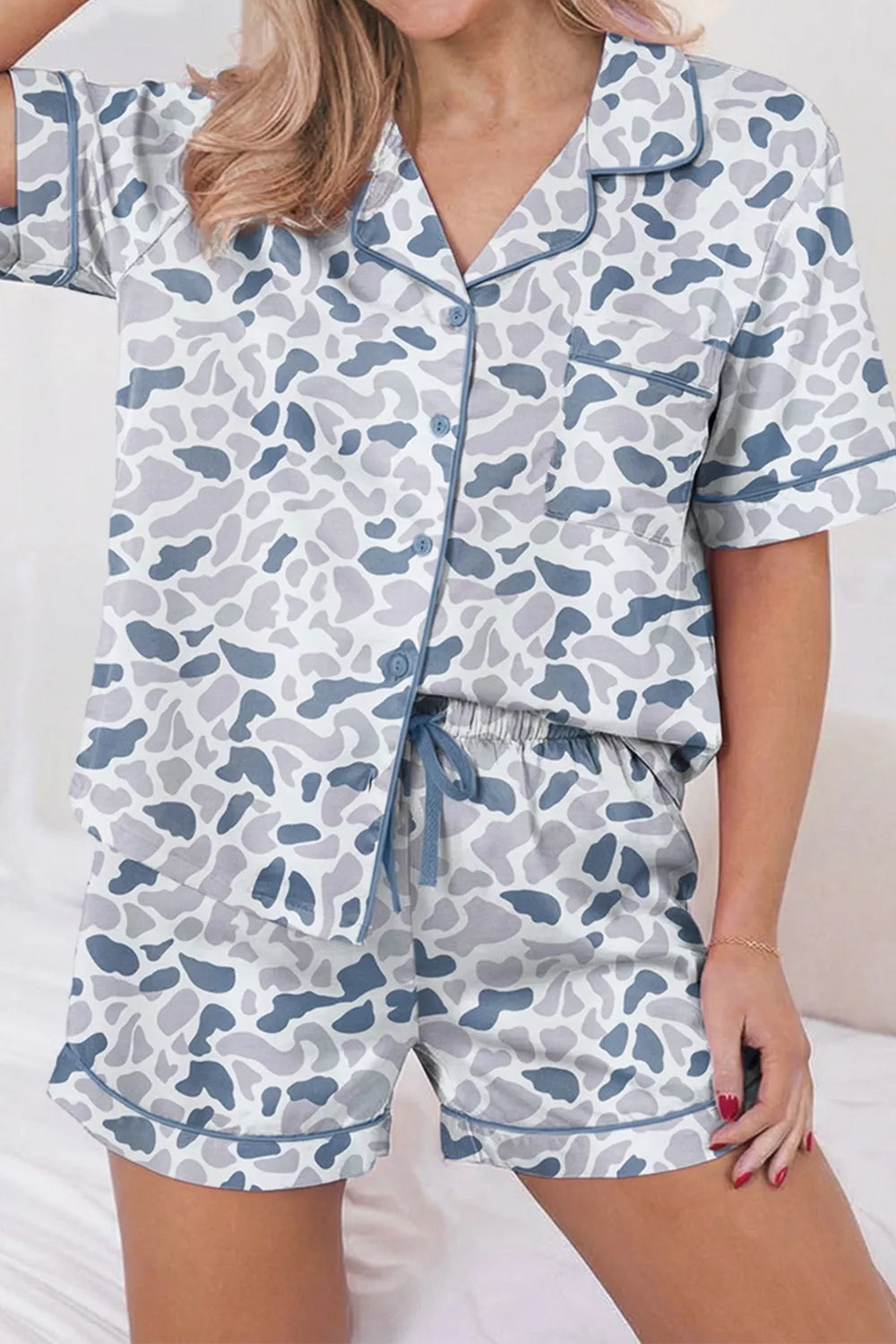 Camouflage Print Lapel Shirt Drawstring Two-Piece Shorts Pajama Set in Dusty Blue for Women