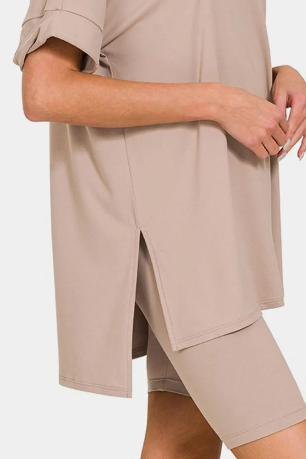 Plus Size V-Neck Short Sleeve Slit T-Shirt and Shorts Set in Mocha for Women