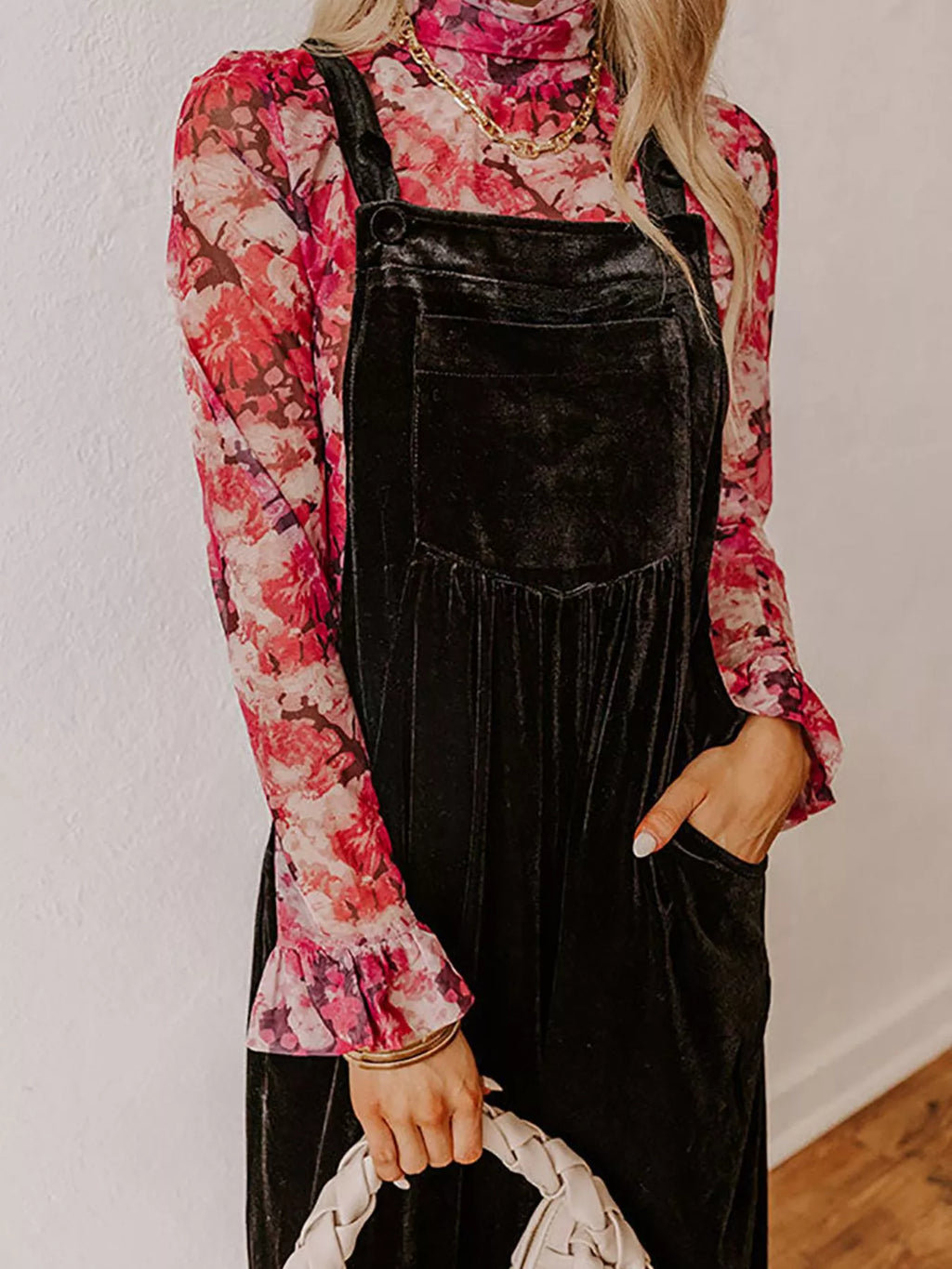 Velvet Wide Leg Overalls in Black for Women