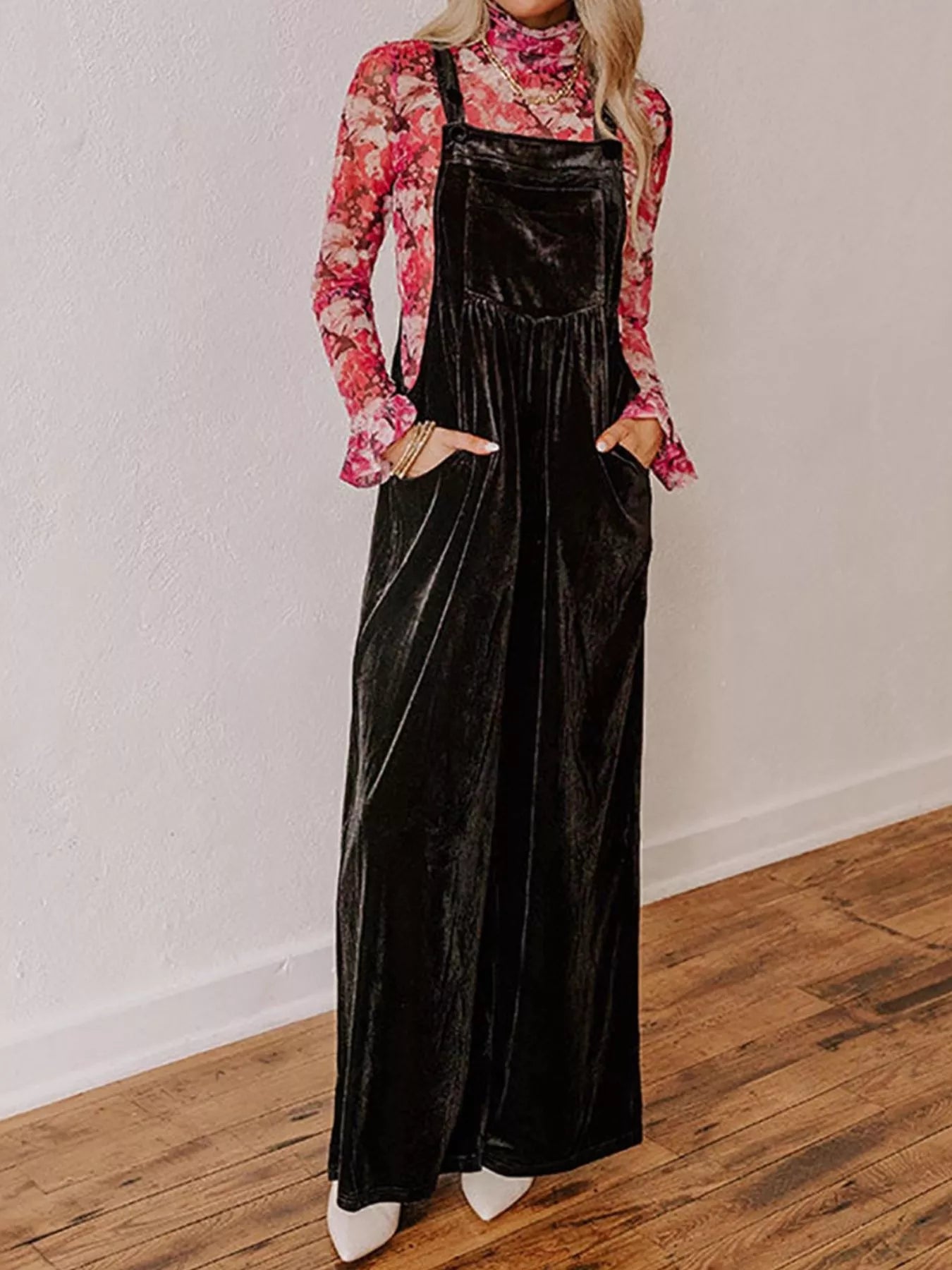 Velvet Wide Leg Overalls in Black for Women