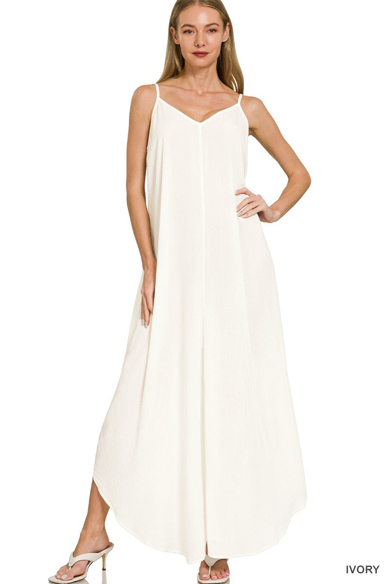 Woven Crinkle Cami Maxi Dress with Side Pockets in Ivory for Women