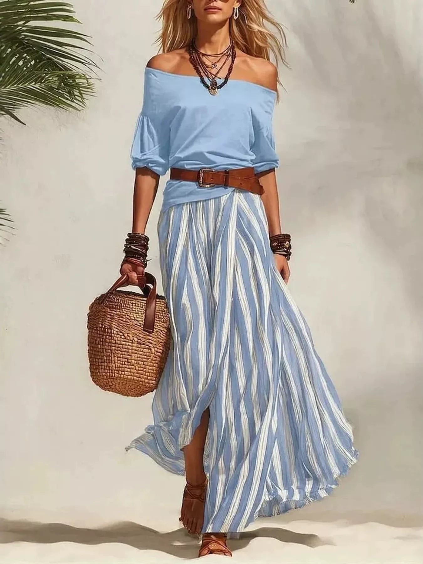 Off Shoulder Top and Striped Maxi Skirt Set in Green for Women
