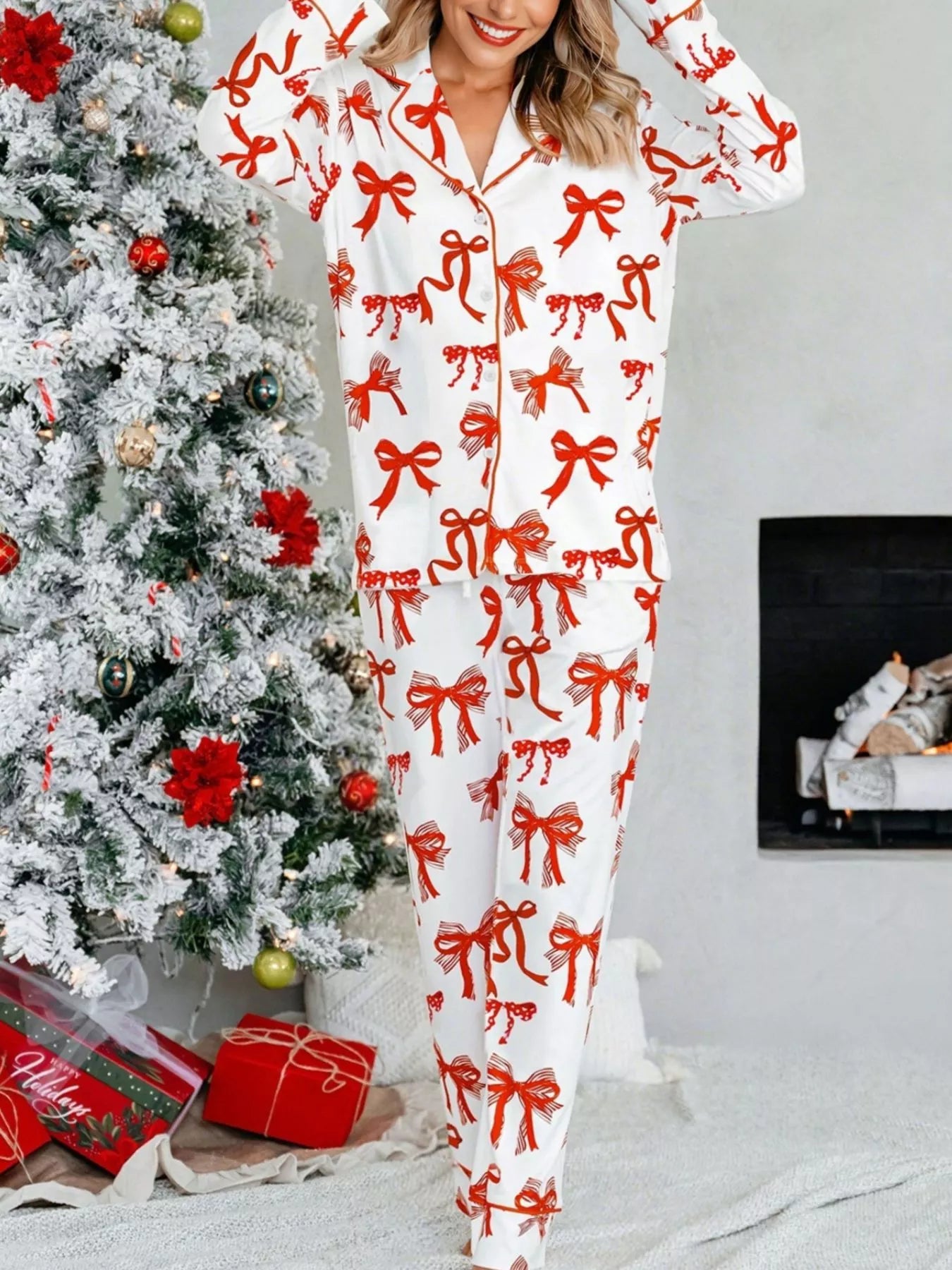 Christmas Bow Print Top and Pants 2pcs Pajama Set in Red for Women