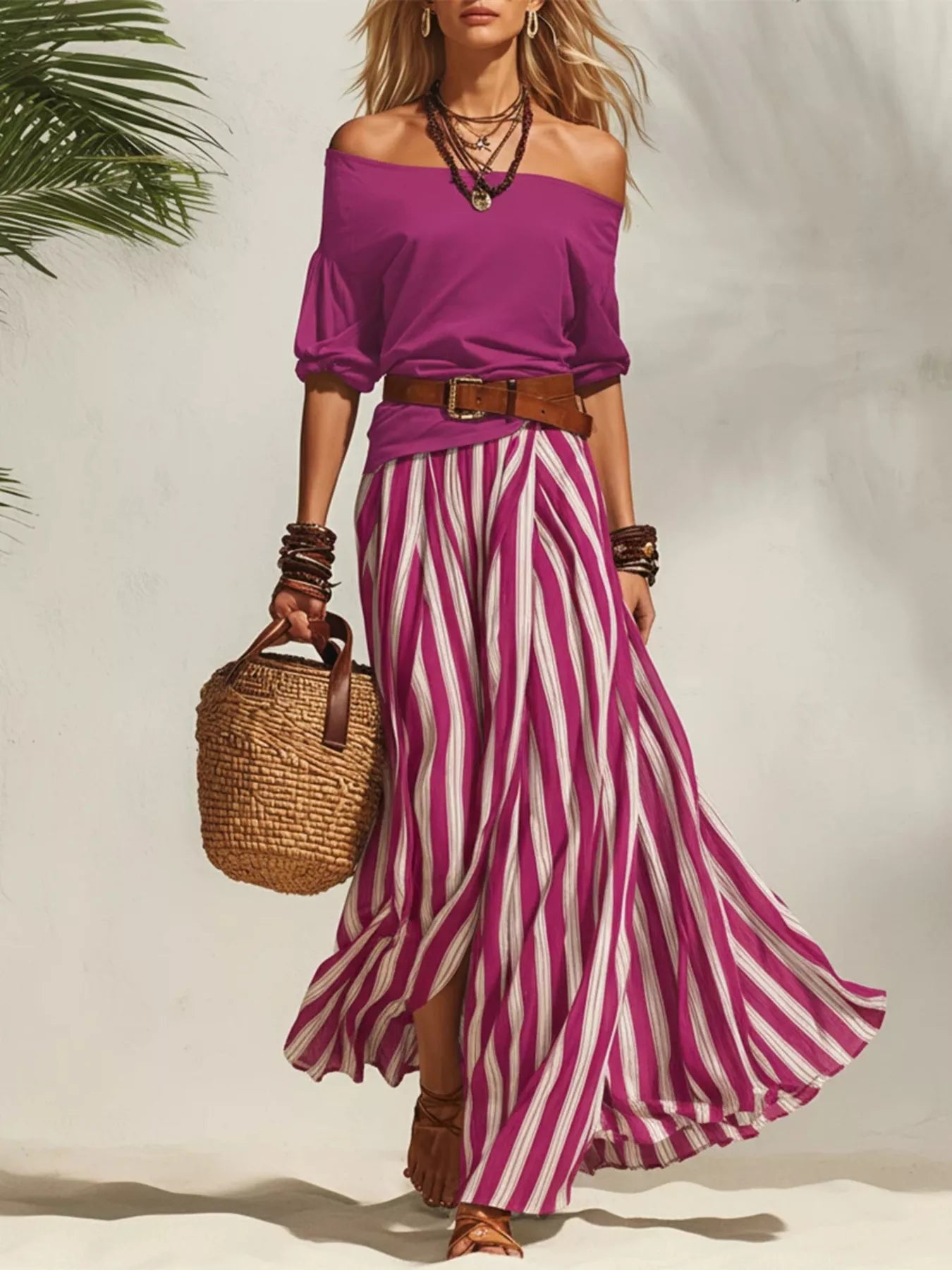 Off Shoulder Top and Striped Maxi Skirt Set in Black for Women