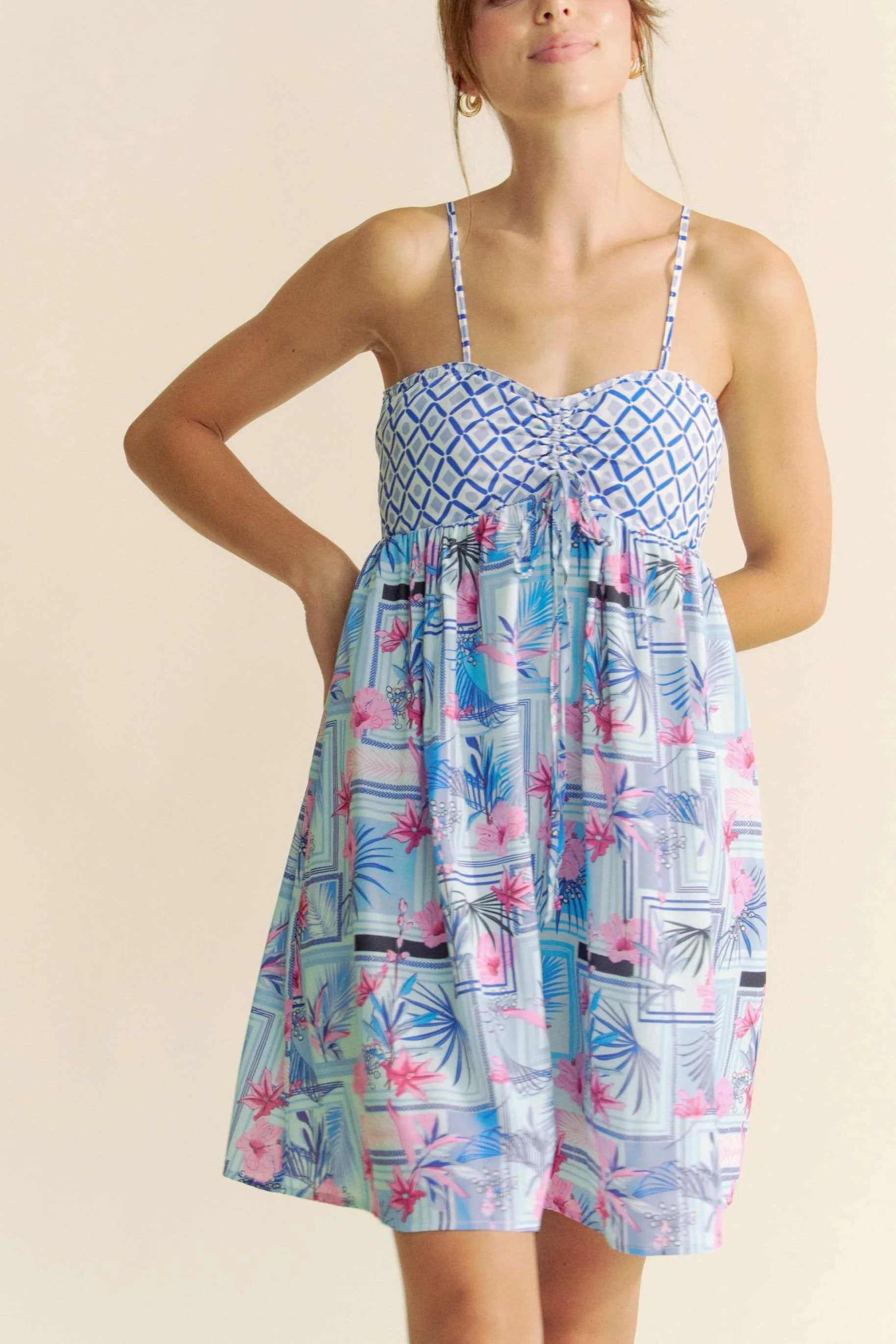 Tropical Floral Geo Print Tie Back Tube Top Romper in Blue Pink for Women