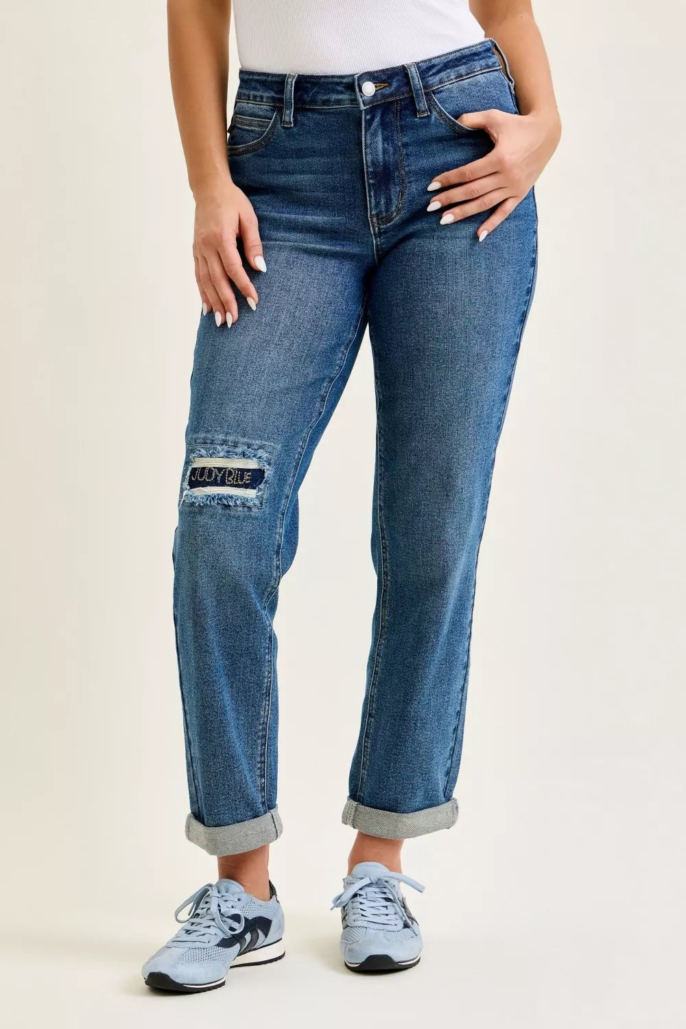 Mid Rise Boyfriend Embroidered Repair Patch Jeans in Md for Women