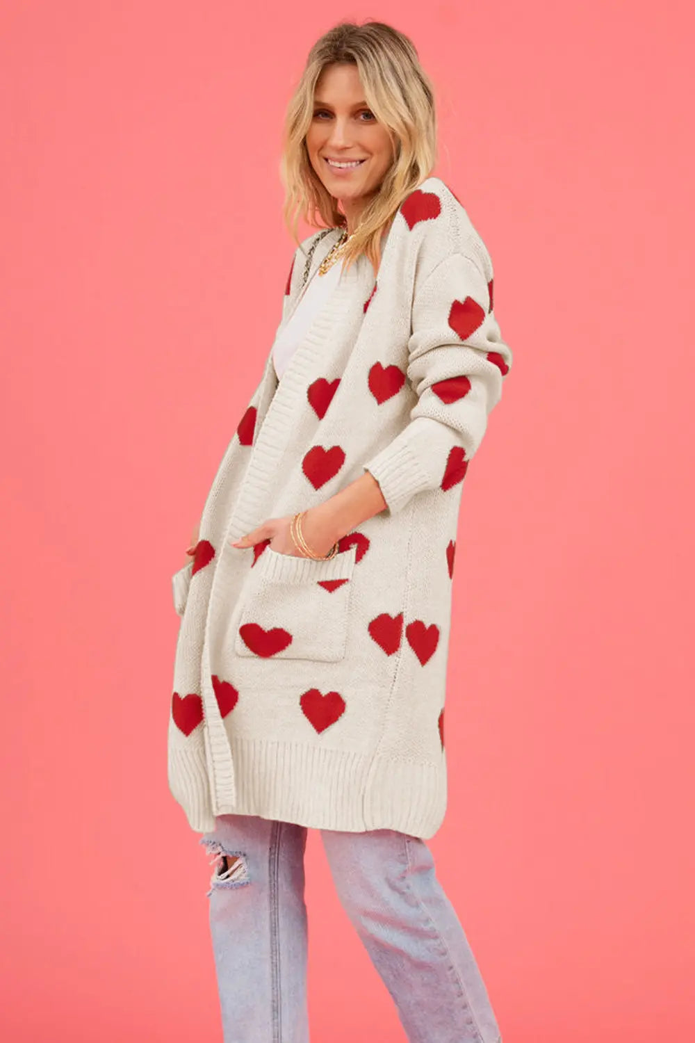 Heart Graphic Open Front Cardigan with Pockets in Red for Women