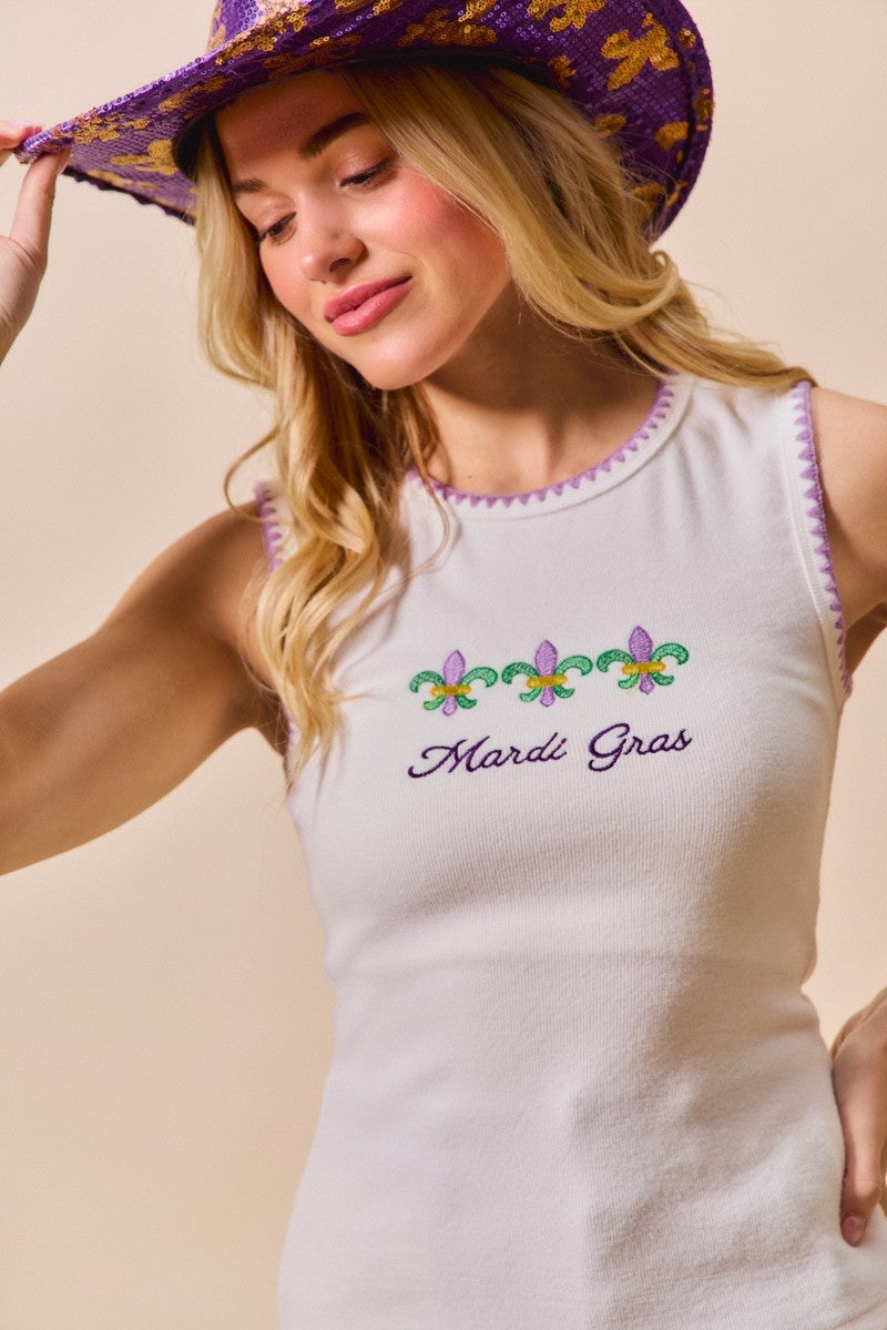 Mardi Gras Tank Top with Contrast Blanket Stitch for Women