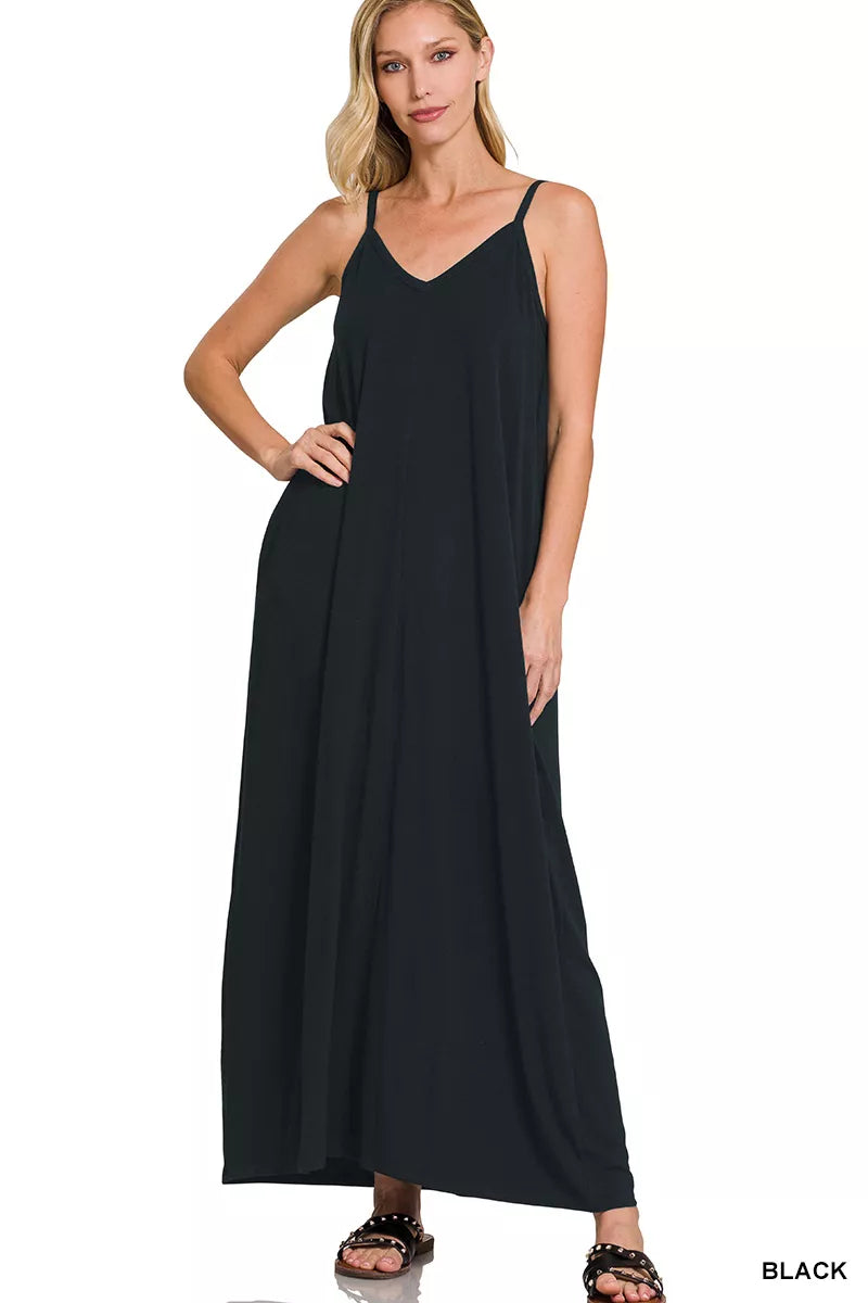 V-Neck Cami Maxi Dress with Side Pockets in Black for Women