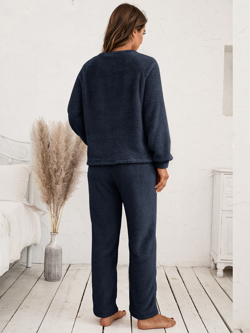 Ivy Lane Teddy Long Sleeve Top and Pants Lounge Set in Black for Women