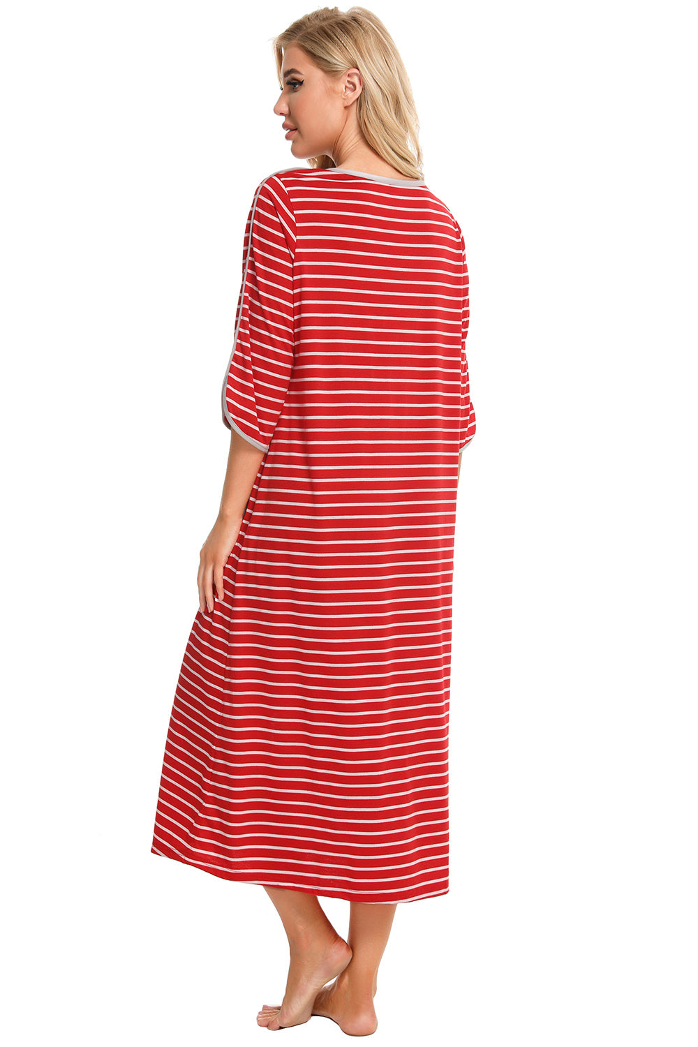 Round Neck Three-Quarter Sleeve Midi Night Dress in Deep Red for Women
