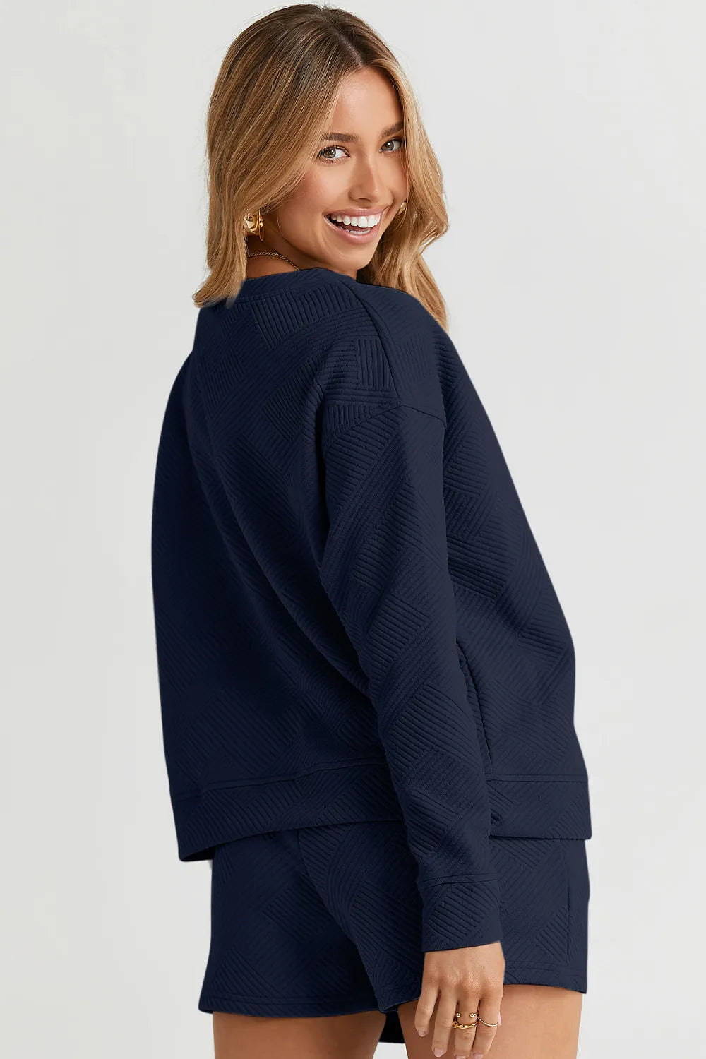 Plus Size Texture Long Sleeve Top and Drawstring Shorts Set in Navy for Women
