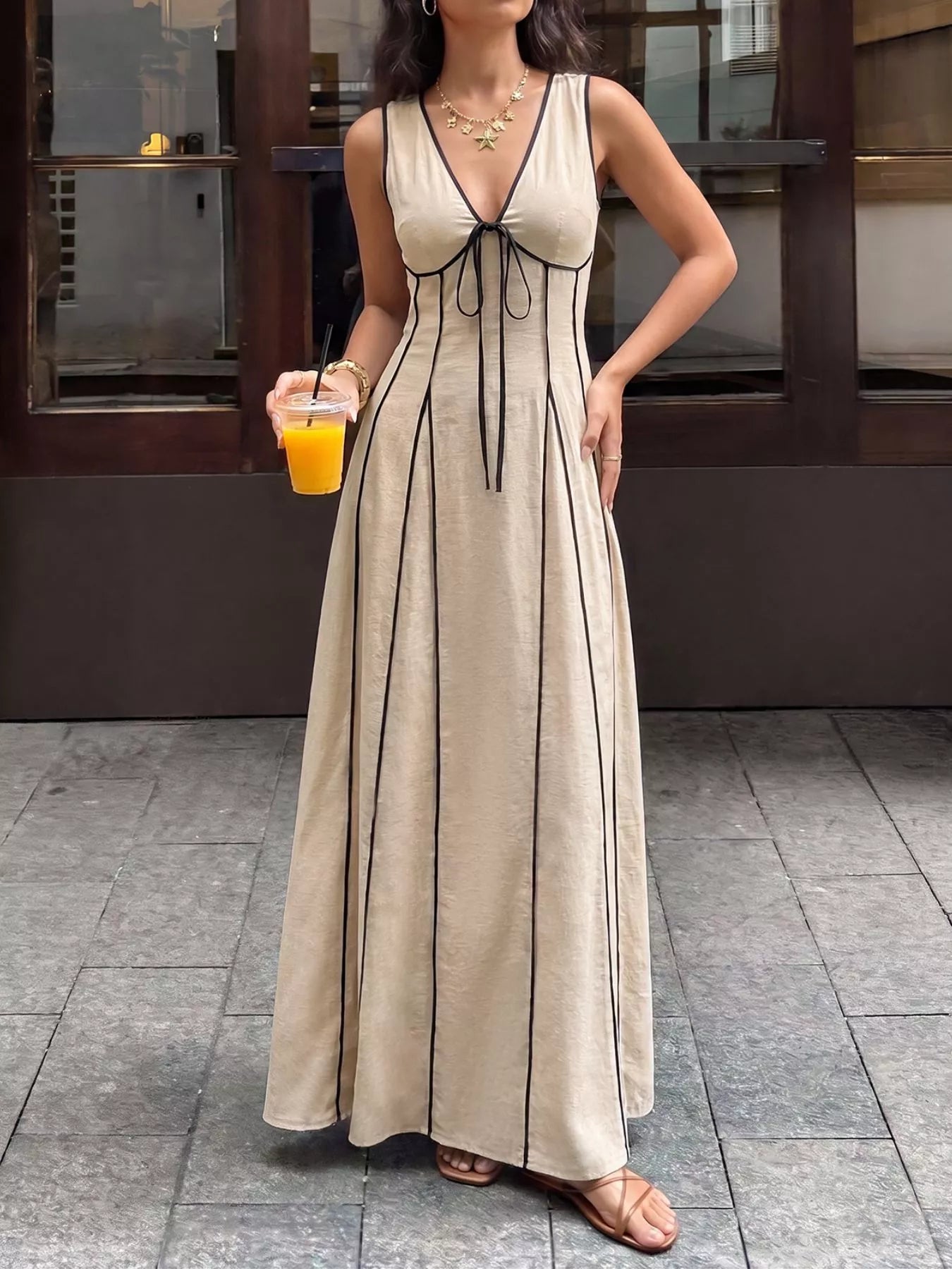 V-Neck Sleeveless Maxi Dress in Tan for Women