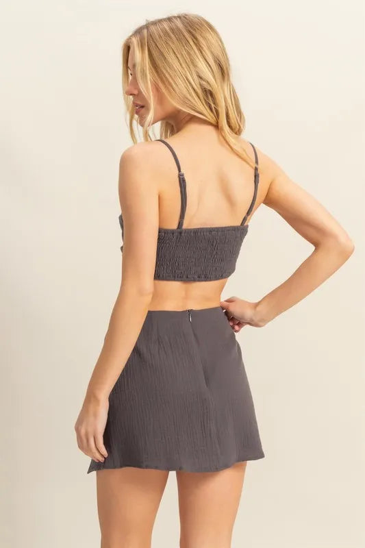 Ruched Bra Top and Mini Skirt Set in Charcoal for Women