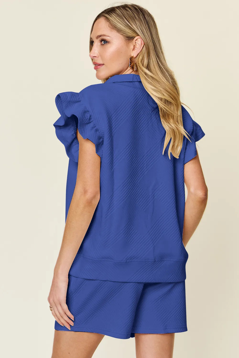 Plus Size Texture Flounce Sleeve Top and Drawstring Shorts Set in Mid Green for Women