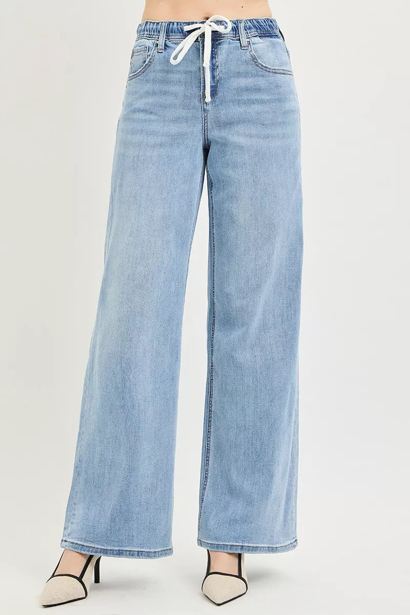 Elastic Band Slouchy Wide Jeans with Drawstring in Light for Women