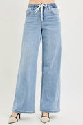 Elastic Band Slouchy Wide Jeans with Drawstring in Light for Women