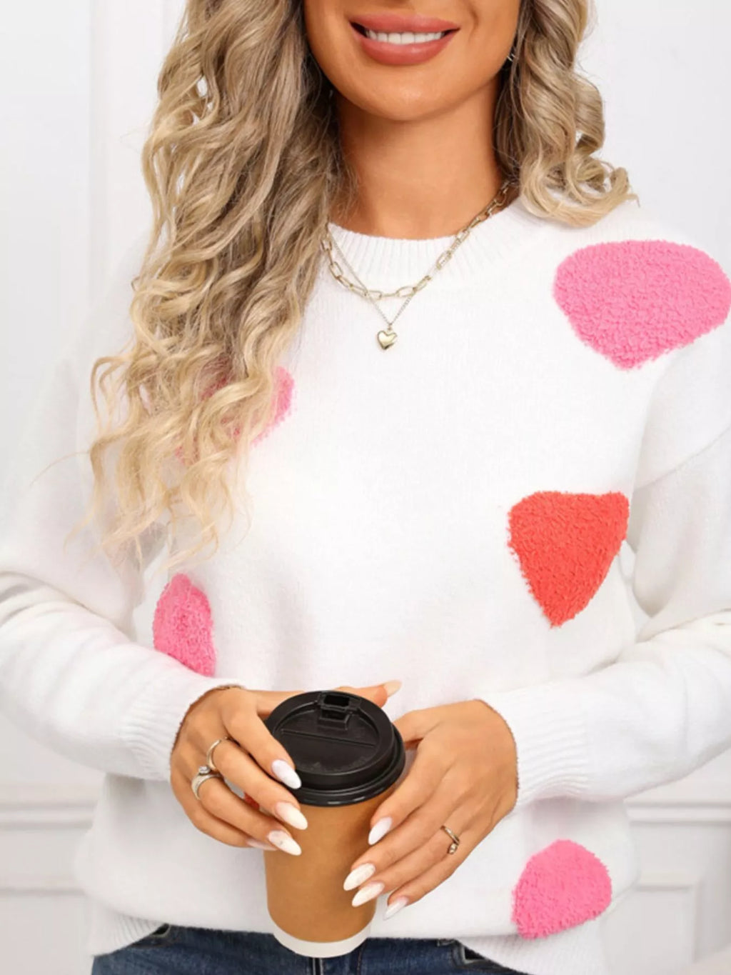 Valentines Day Heart Pattern Long Sleeve Sweater for Women