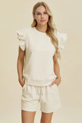Plus Size Texture Round Neck Ruffle Sleeve Top and Shorts Set in Dark Green for Women